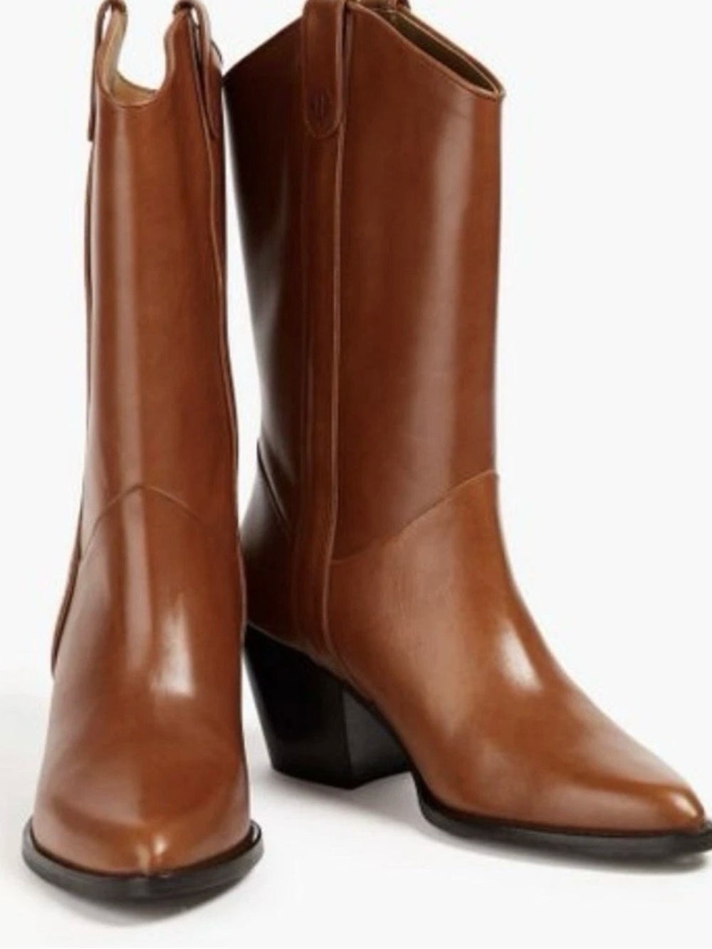 Maje Brown Leather Mid-Calf Heeled Western Boots